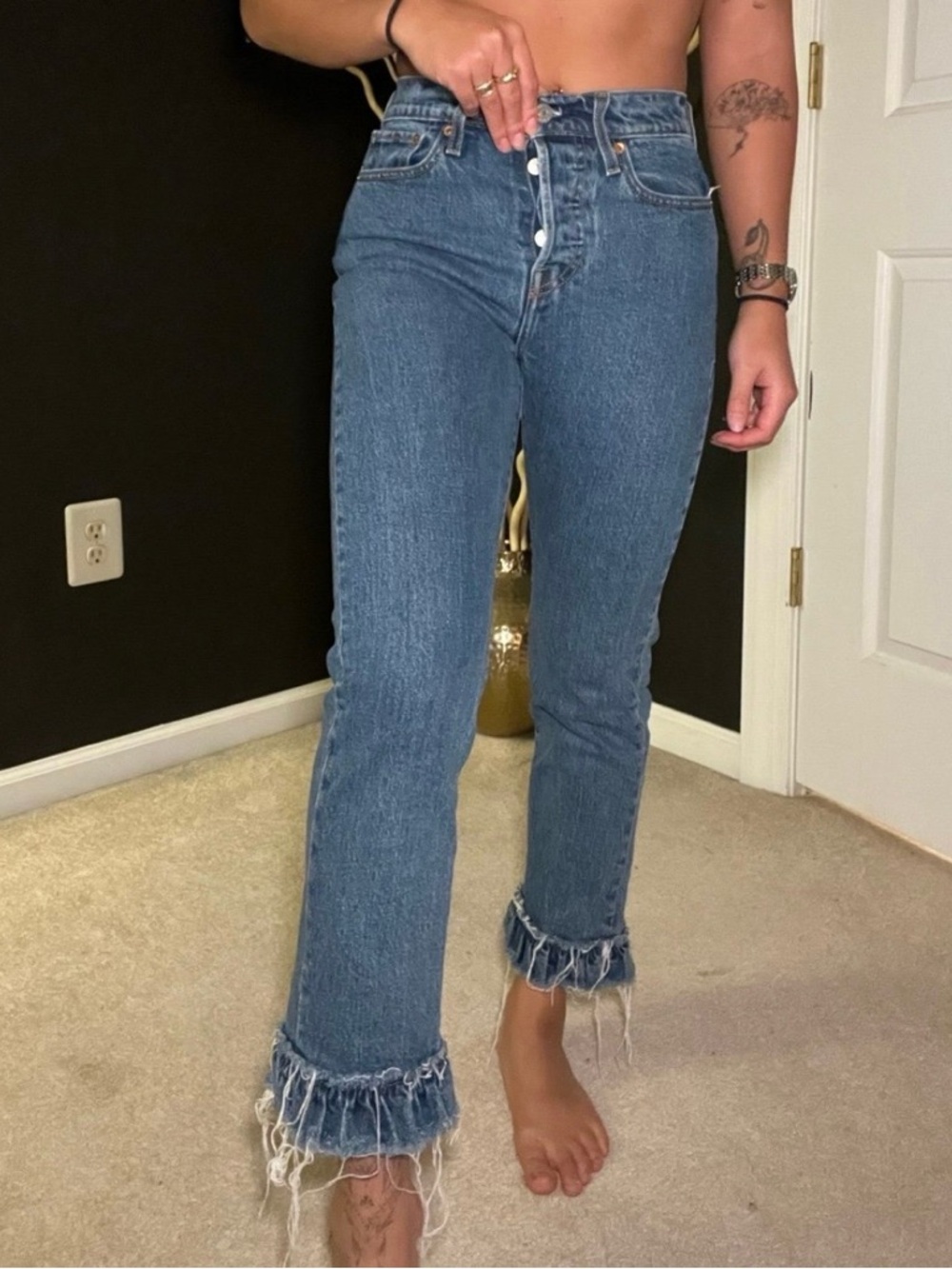 Levi's High-Rise Button-Fly Blue Denim Jeans with Frayed Ankles